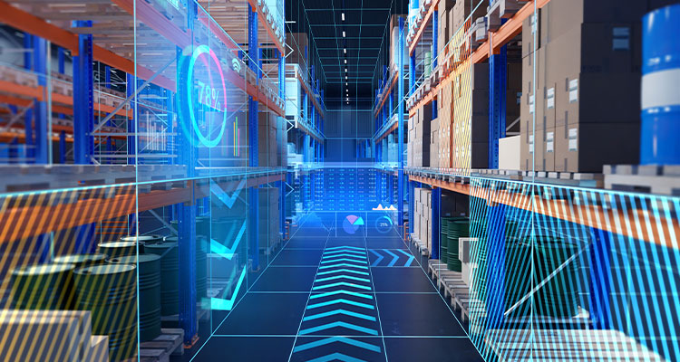 Smart warehouse solutions for food, beverage, and CPG nnovation in storage industry. Futuristic warehouse. Storage hangar with virtual screens