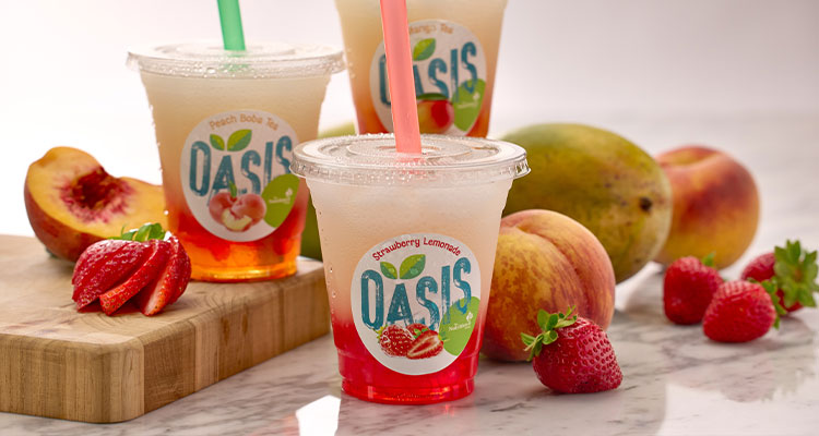 How The Nutrition Group has grown to serve people of all ages Three plastic pots of Oasis strawberry lemonade with straws
