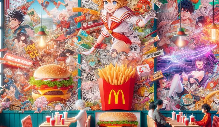 A vibrant illustration of the WcDonald's campaign, showcasing the fusion of anime and manga culture with fast food, featuring manga-inspired packaging and characters enjoying an immersive dining experience.